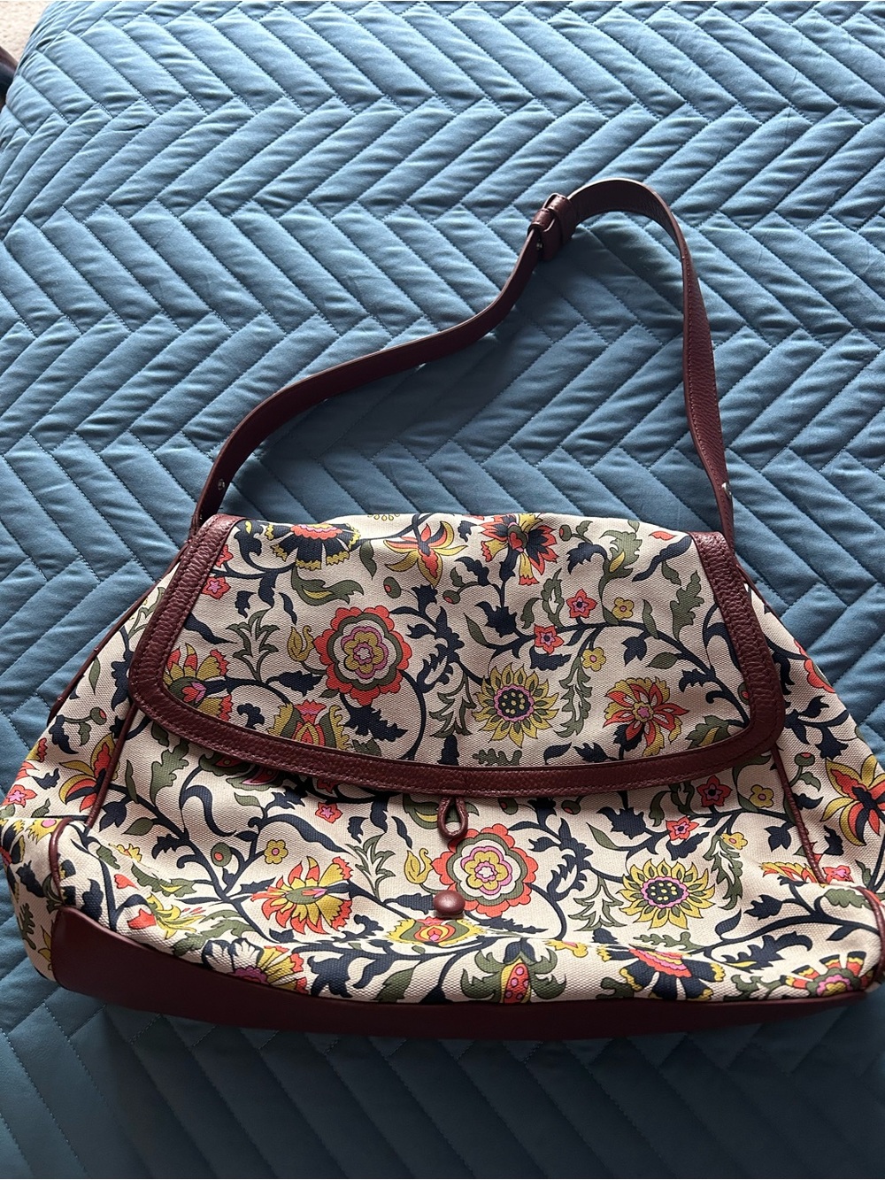 Vera Bradley Rothvale Floral Print Canvas Shoulder Bag with Caramel Leather Trim